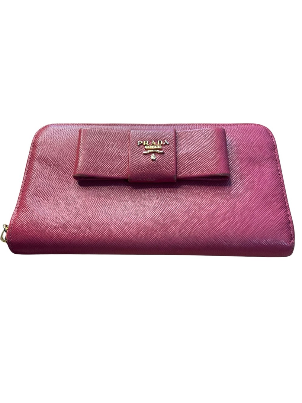 Authentic PRADA Pink Saffiano Leather Bow Zip Around Continental Wallet